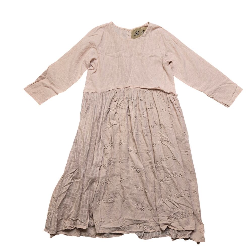 Les Ours Cotton Adriana Rose Pink Dress L Floral Raw Hem